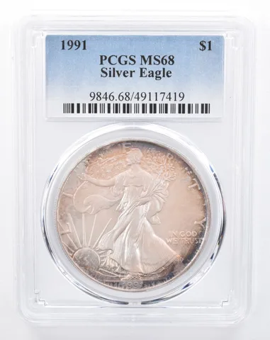 1991 American Silver Eagle MS68 PCGS Iridescent Tone *8619