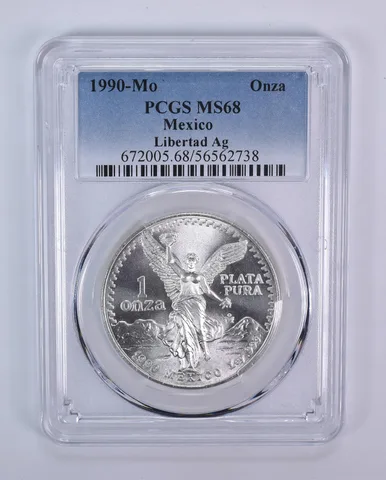 1990 Mo Mexico 1 Onza Silver Libertad MS68 PCGS Blue Label