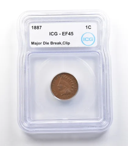 1887 Indian Head Cent Mint Error Major Die Break Clip EF45 ICG *2281