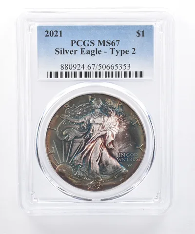 2021 American Silver Eagle Type 2 MS67 PCGS Rainbow Tone *8432