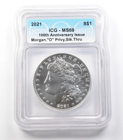 ERROR 2021 "O" Privy Mark Morgan Silver Dollar Struck Thru MS69 ICG *3650