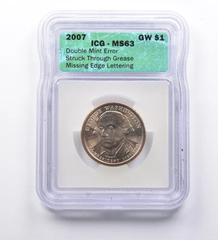 DBL Mint Error MS63 2007 George Washington $1 Missing Edge Lettering ICG a9632