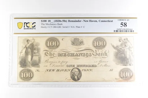 1820s-50s $100 Remainder New Haven CT Mechanics Bank Choice AU 58 PCGS *2105