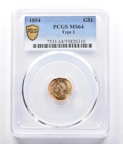 1854 $1 Indian Princess Head Gold Dollar Piece Type 2 MS64 PCGS *2333