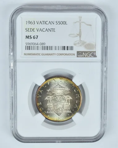 MS67 1963 Vatican 500 Lire Silver - Sede Vacante - Graded NGC Toned! *8946