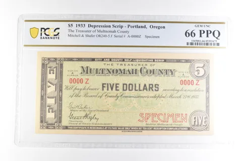 1933 $5 Scrip Portland OR Treasurer Multnomah County Gem Unc 66 PPQ PCGS *2094