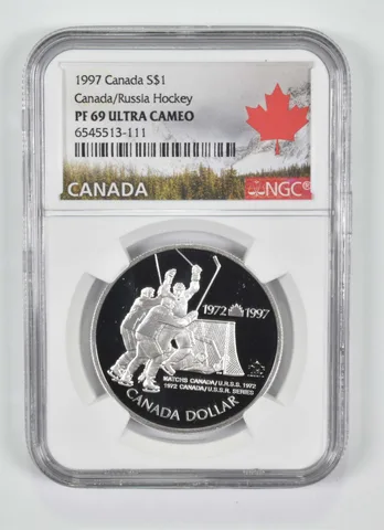 1997 Canada $1 Silver Dollar Canada/Russia Hockey PF69 NGC Canada Lbl
