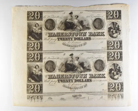 Lot (2) 1800s $20 Hagerstown MD Bank Obsolete Note Uncut *8711