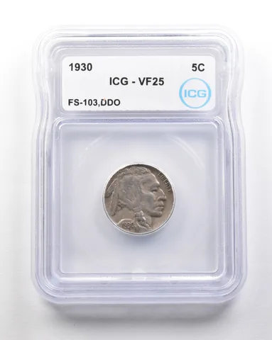 1930 Indian Head Buffalo Nickel Mint Error FS-103 DDO VF25 ICG *1704