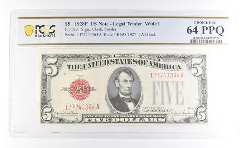 1928 F $5 US Legal Tender Wide I Fr#1531 Choice Unc 64 PPQ PCGS *2368