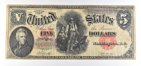1907 $5 Woodchopper Legal Tender Large Note Red Seal Mule FR#89 a0775