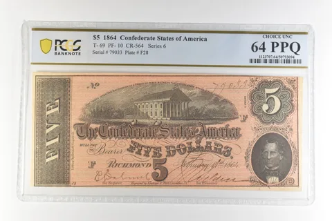 1864 $5 Confederate States America T-69 PF-10 CR-564 Choice Unc 64 PCGS *4414
