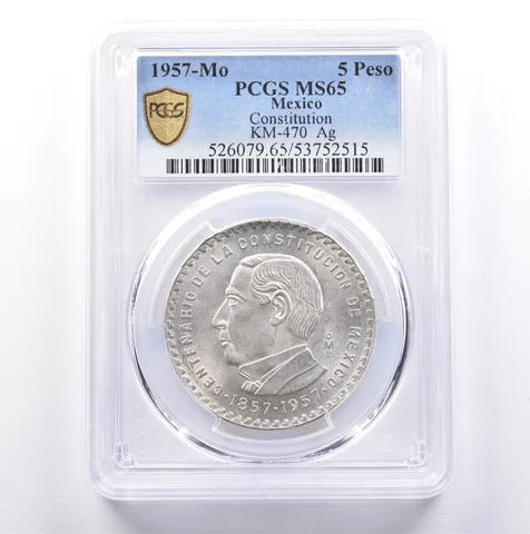 1957 Mo Mexico 5 Pesos Silver Constitution KM-470 MS65 PCGS *9052