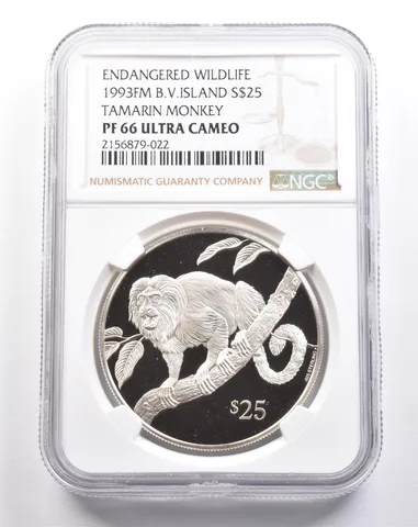 1993 FM British Virgin Islands $25 Silver Tamarin Monkey PF66 UCAM NGC *4917