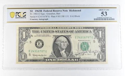 1963 B $1 Richmond VA FRN Courtesy Autograph FR#1902-E AU53 PCGS Barr *0619