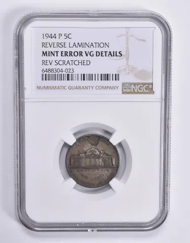 MINT ERROR 1944-P Jefferson Nickel REV Lamination NGC *1858