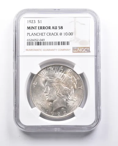 AU58 1923 Peace Silver Dollar Error Planchet Crack @ 10:00 NGC *6655