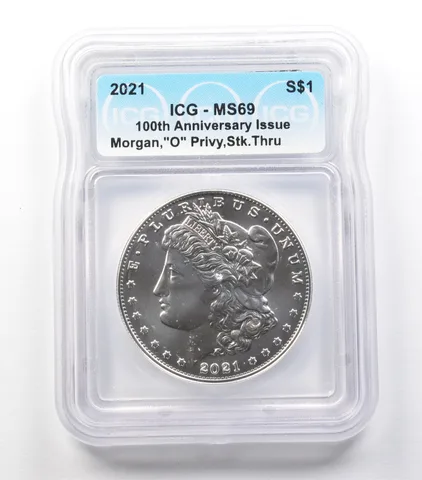 ERROR 2021 "O" Privy Mark Morgan Silver Dollar Struck Thru MS69 ICG a3652