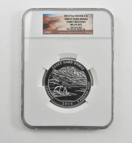 2014 5 Oz Silver Quarter ATB Great Sand Dunes ER MS69 DPL NGC *1550