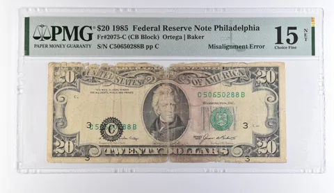 1985 $20 Philadelphia FRN Misalign Error Fr#2075-C Choice Fine 15 NET PMG *9458