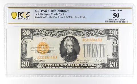 1928 $20 Gold Certificate Fr#2402 About Unc 50 PCGS *4622