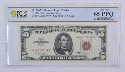 1963 $5 US Legal Tender Fr#1536 Gem Unc 65 PPQ PCGS