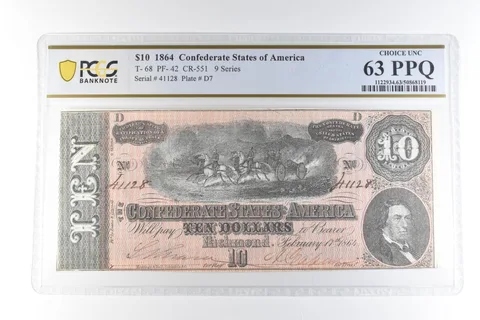 1864 $10 Confederate States Of America T-68 PF-42 CR-551 Unc 63 PPQ PCGS *3413