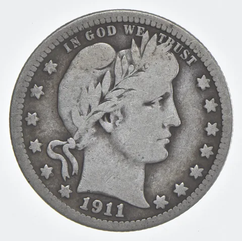 1911 (P) Barber Quarter 90% Silver VG Condition