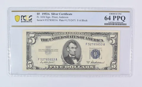 1953 A $5 Silver Certificate Fr#1656 Choice Unc 64 PPQ PCGS
