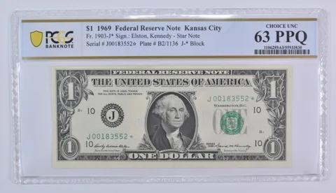 1969 $1 Kansas City MO FRN Star Note Fr#1903-J* Choice Unc 63 PPQ PCGS