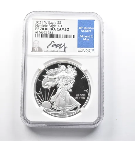 PF70 UCAM 2021-W American Silver Eagle Heraldic Eagle T-1 Signed Moy NGC a4742