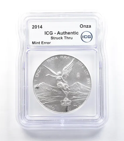 2014 Mo Mexico 1 Onza Silver Libertad Mint Error Struck Thru Authentic ICG *5049
