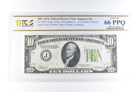 1934 $10 Kansas City FRN Fr#2004-J Gem Unc 66 PPQ PCGS *6075