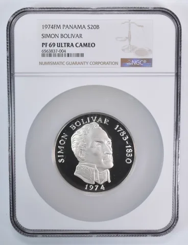 1974 FM Panama 20 Balboas Simon Bolivar Silver PF69 UCam NGC Brown Lbl