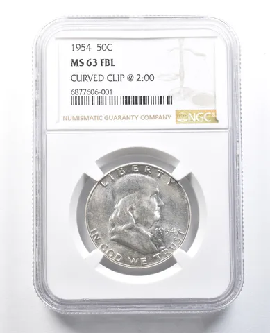 1954 Franklin Half Dollar Mint Error Curved Clip @ 2:00 MS63 FBL NGC *8250
