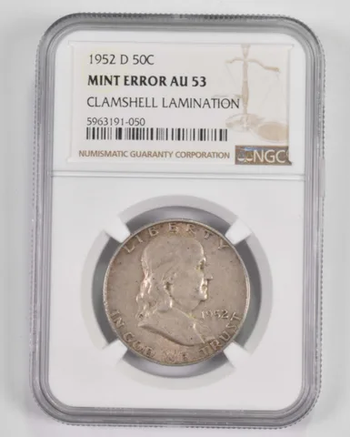 Mint Error AU53 1952-D Franklin Half Dollar - Clamshell Lamination - NGC *9834