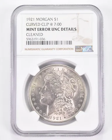 Mint Error UNC Details 1921 Morgan Silver Dollar - Curved Clip @ 7:00 NGC *8908