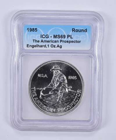 1985 Engelhard American Prospector 1 Troy Oz Silver Round MS69 PL ICG