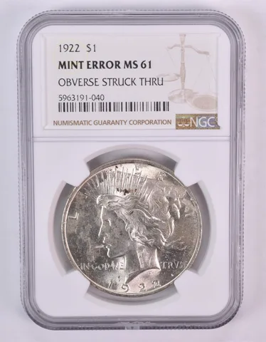 1922 Peace Silver Dollar Mint Error Obverse Struck Thru MS61 NGC *1033
