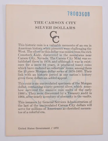 COA 1878 GSA Certificate Original Card for CC Morgan Silver Dollar (1card)