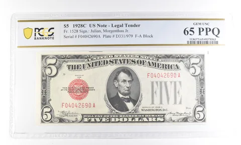 1928 C $5 US Legal Tender Fr#1528 Gem Unc 65 PPQ PCGS *2377