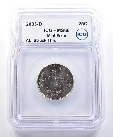 2003-D Washington State Quarter Alabama Mint Error Struck Thru MS66 ICG *4052