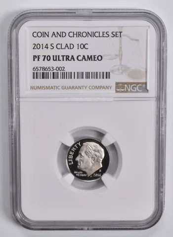 2014-S Roosevelt Dime 10C CLAD Coin and Chronicles PF70 NGC Brown Lbl