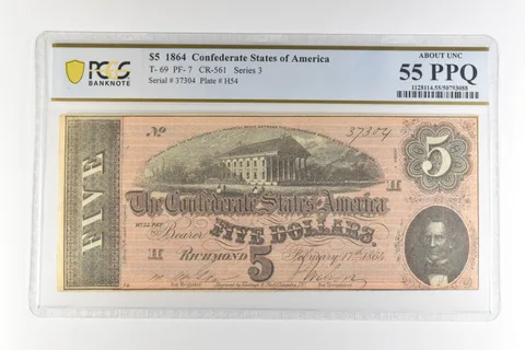 1864 $5 Confederate States America T-69 PF-7 CR-561 AU 55 PPQ PCGS *4408