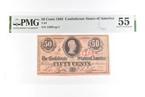 1863 50 Cents Confederate States Of America T-63 About Unc 55 PMG *7633