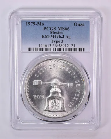 1979 Mo Mexico 1 Onza Silver Type 3 KM-M49b.3 MS66 PCGS Blue Label