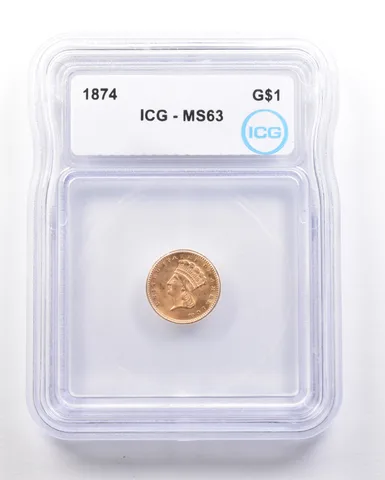 1874 $1 Indian Princess Head Gold Dollar MS63 ICG *4797