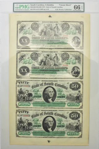 1872 $20-$20-$50-$50 Columbia SC Uncut Sheet Gem Unc 66 EPQ PMG *8567