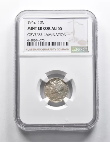 Mint Error AU55 1942 Mercury Dime OBV Lamination NGC *1890