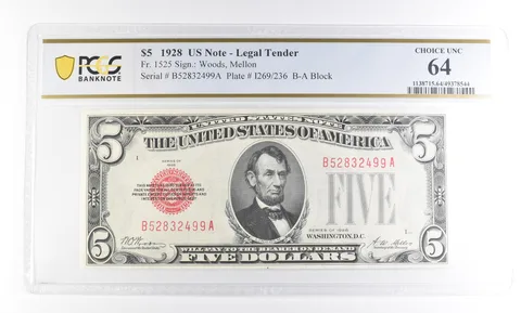 1928 $5 US Legal Tender Fr#1525 Choice Unc 64 PCGS a2421